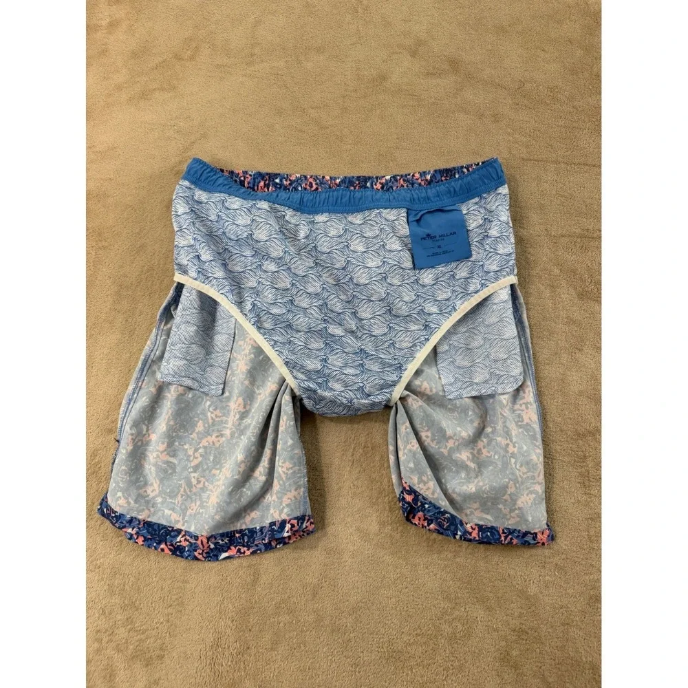 Peter Millar Seaside Board Short Men XL Blue Abstract Swirl Swim Trunk Lined EUC